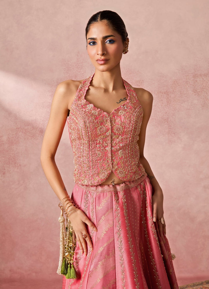 Chamee And Palak Coral Pink Jamewar Corset Lehenga SetFabilicious Fashion