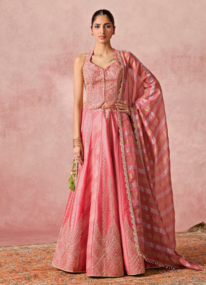 Chamee And Palak Coral Pink Jamewar Corset Lehenga SetFabilicious Fashion
