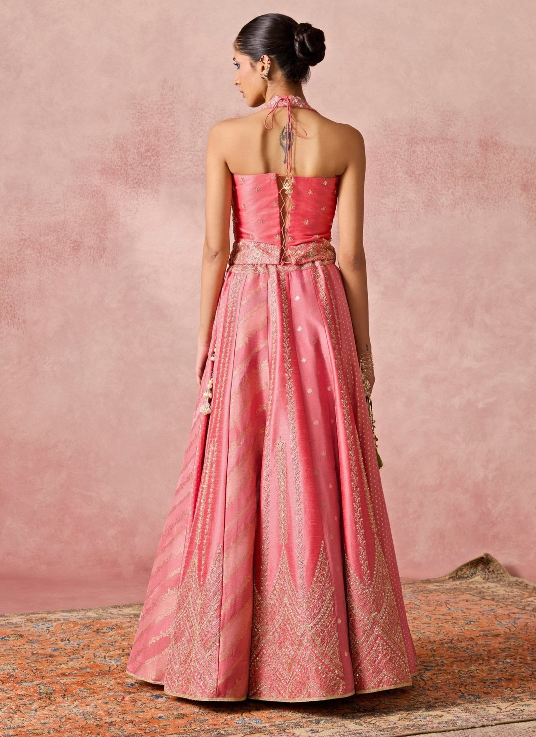 Chamee And Palak Coral Pink Jamewar Corset Lehenga SetFabilicious Fashion
