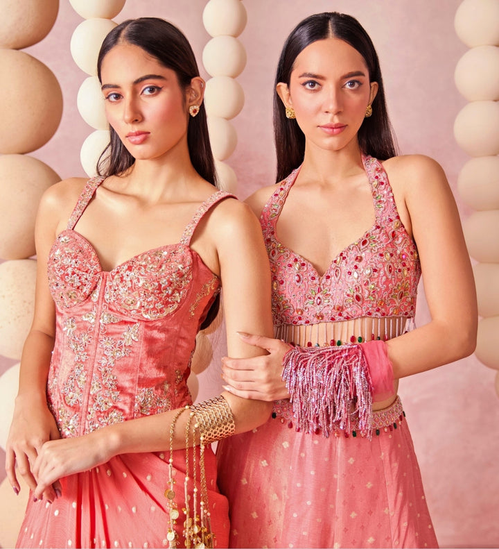 Chamee And Palak Coral Pink Jamewar Lehenga SetFabilicious Fashion