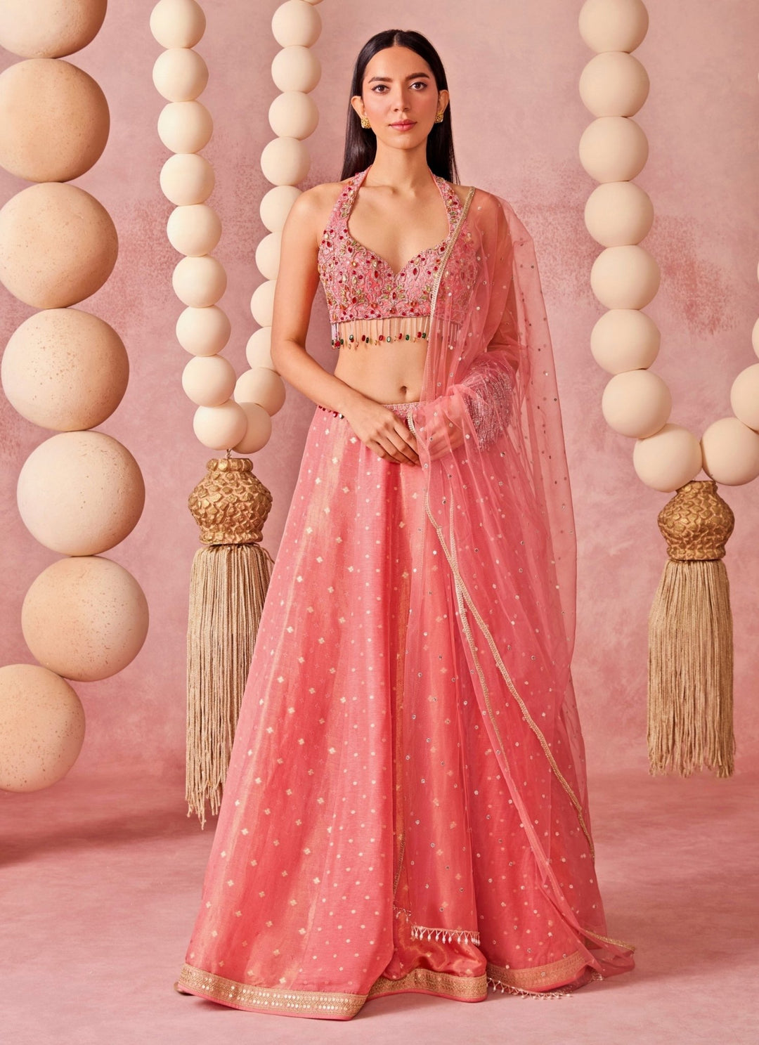 Chamee And Palak Coral Pink Jamewar Lehenga SetFabilicious Fashion