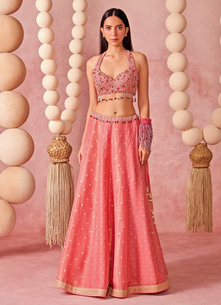 Chamee And Palak Coral Pink Jamewar Lehenga SetFabilicious Fashion