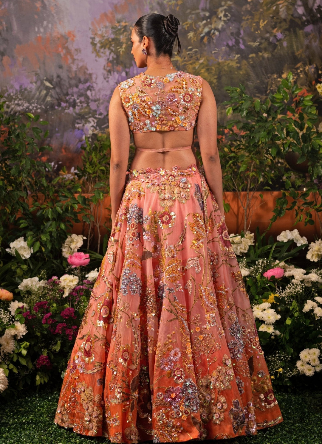 Coral Pink Ombre Embroidered Organza Lehenga Set Moledro - Fabilicious Fashion
