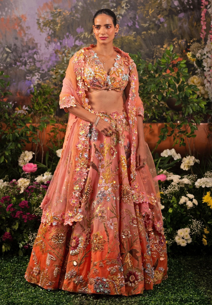 Coral Pink Ombre Embroidered Organza Lehenga Set Moledro - Fabilicious Fashion