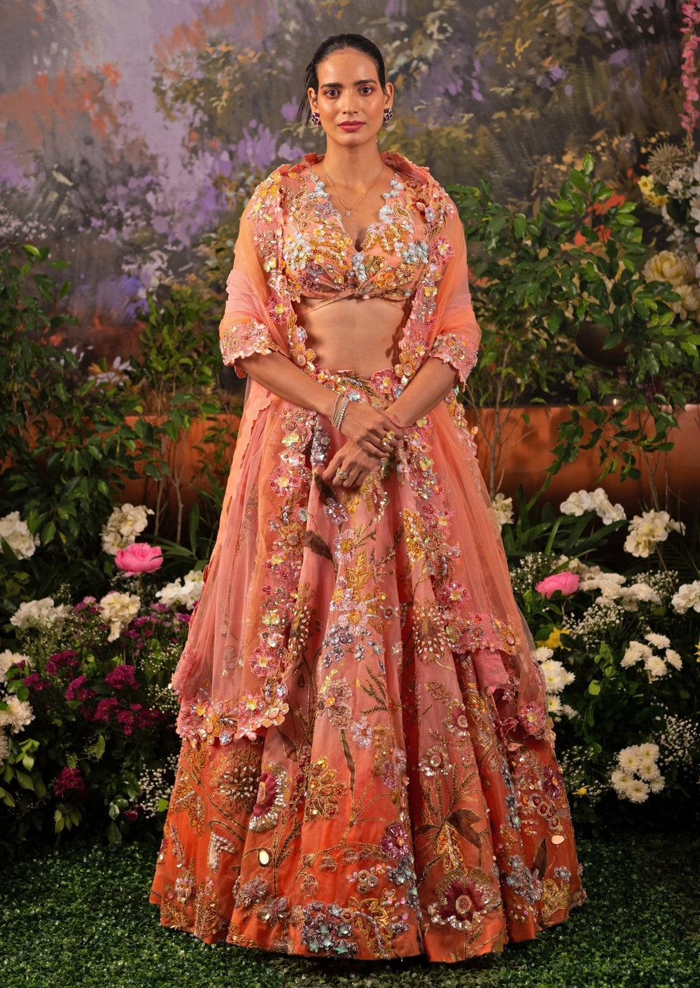 Coral Pink Ombre Embroidered Organza Lehenga Set Moledro - Fabilicious Fashion