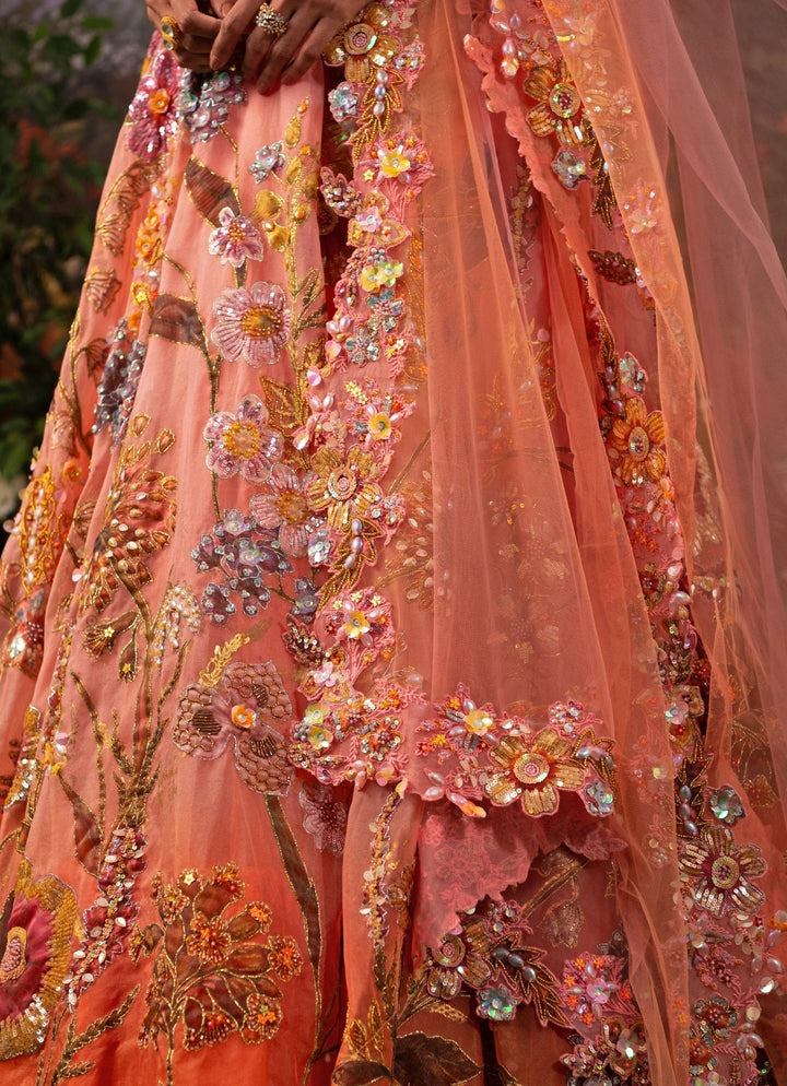 Coral Pink Ombre Embroidered Organza Lehenga Set Moledro - Fabilicious Fashion