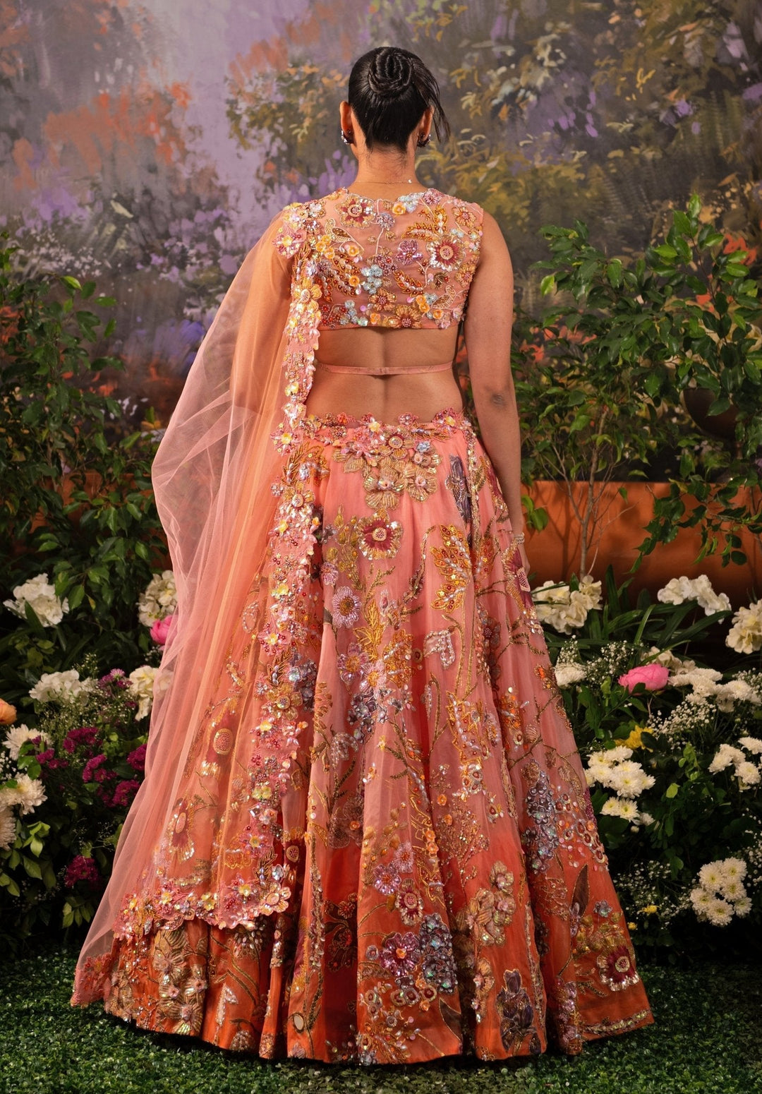 Coral Pink Ombre Embroidered Organza Lehenga Set Moledro - Fabilicious Fashion