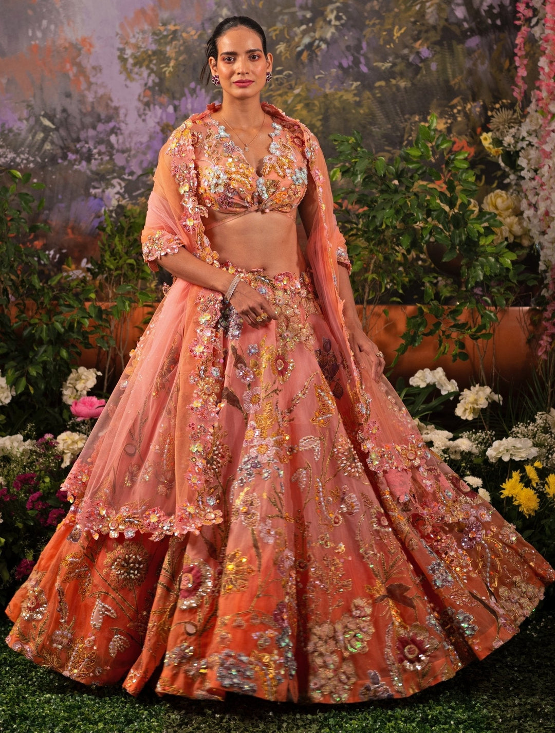 Coral Pink Ombre Embroidered Organza Lehenga Set Moledro - Fabilicious Fashion