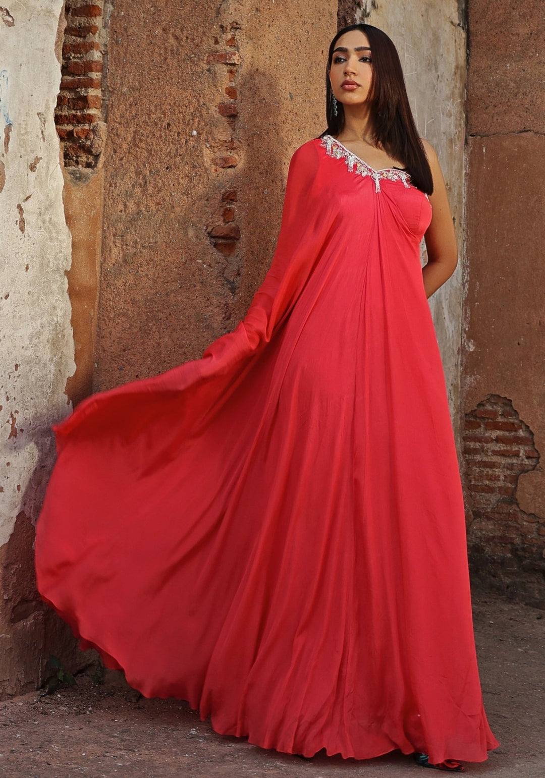Coral Pink One-Shoulder Kaftan Seema Thukral - Fabilicious Fashion