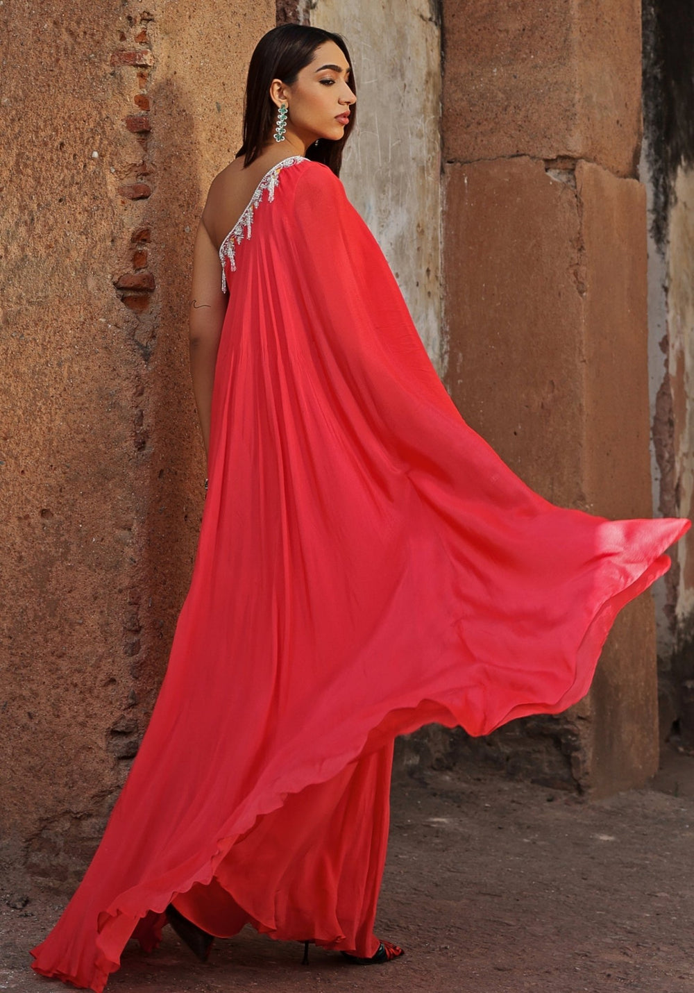 Coral Pink One-Shoulder Kaftan Seema Thukral - Fabilicious Fashion