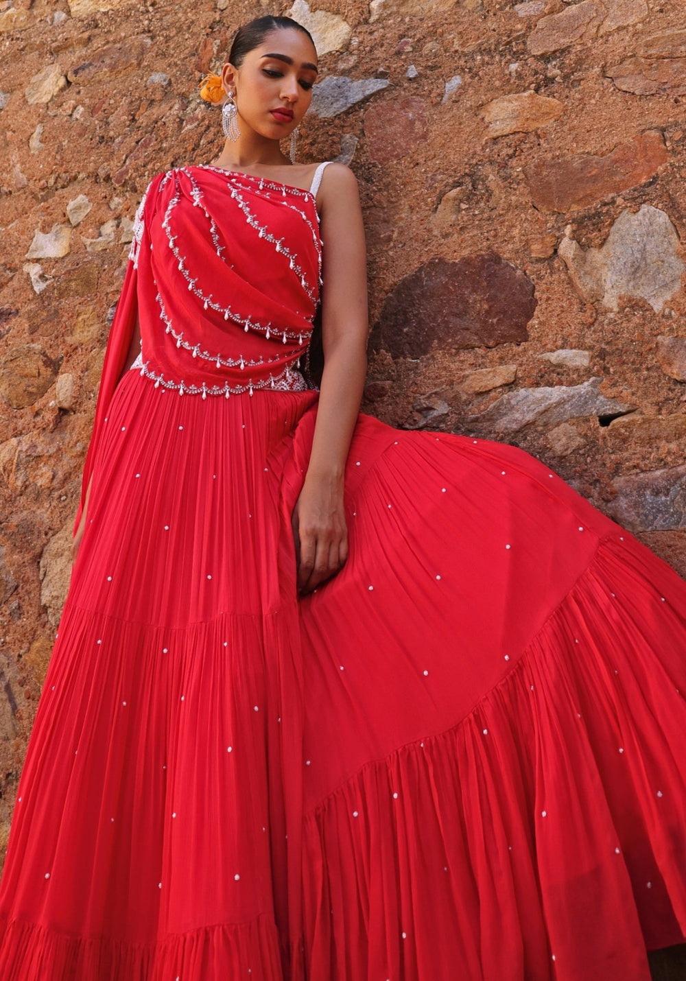 Coral Pink Tiered Skirt set Seema Thukral - Fabilicious Fashion