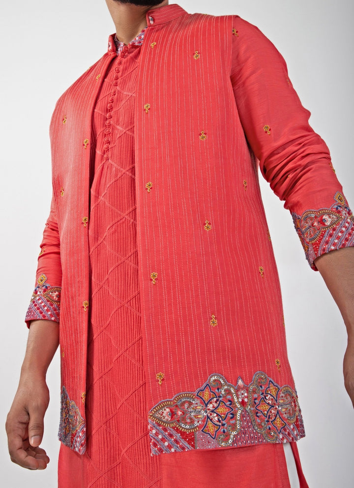 Coral Red Embroidered Nehru Jacket And Kurta Set Smriti - Fabilicious Fashion