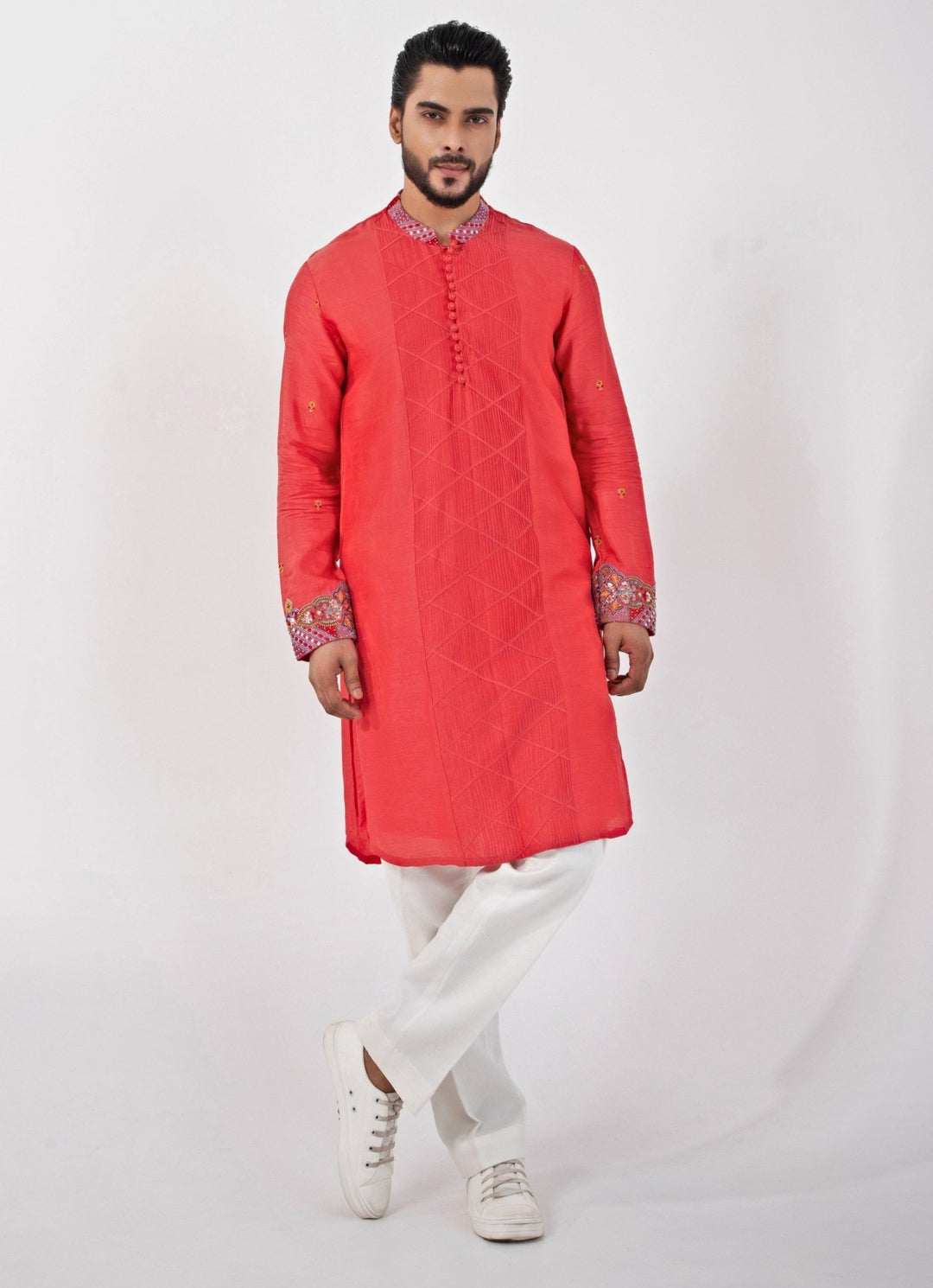 Coral Red Embroidered Nehru Jacket And Kurta Set Smriti - Fabilicious Fashion