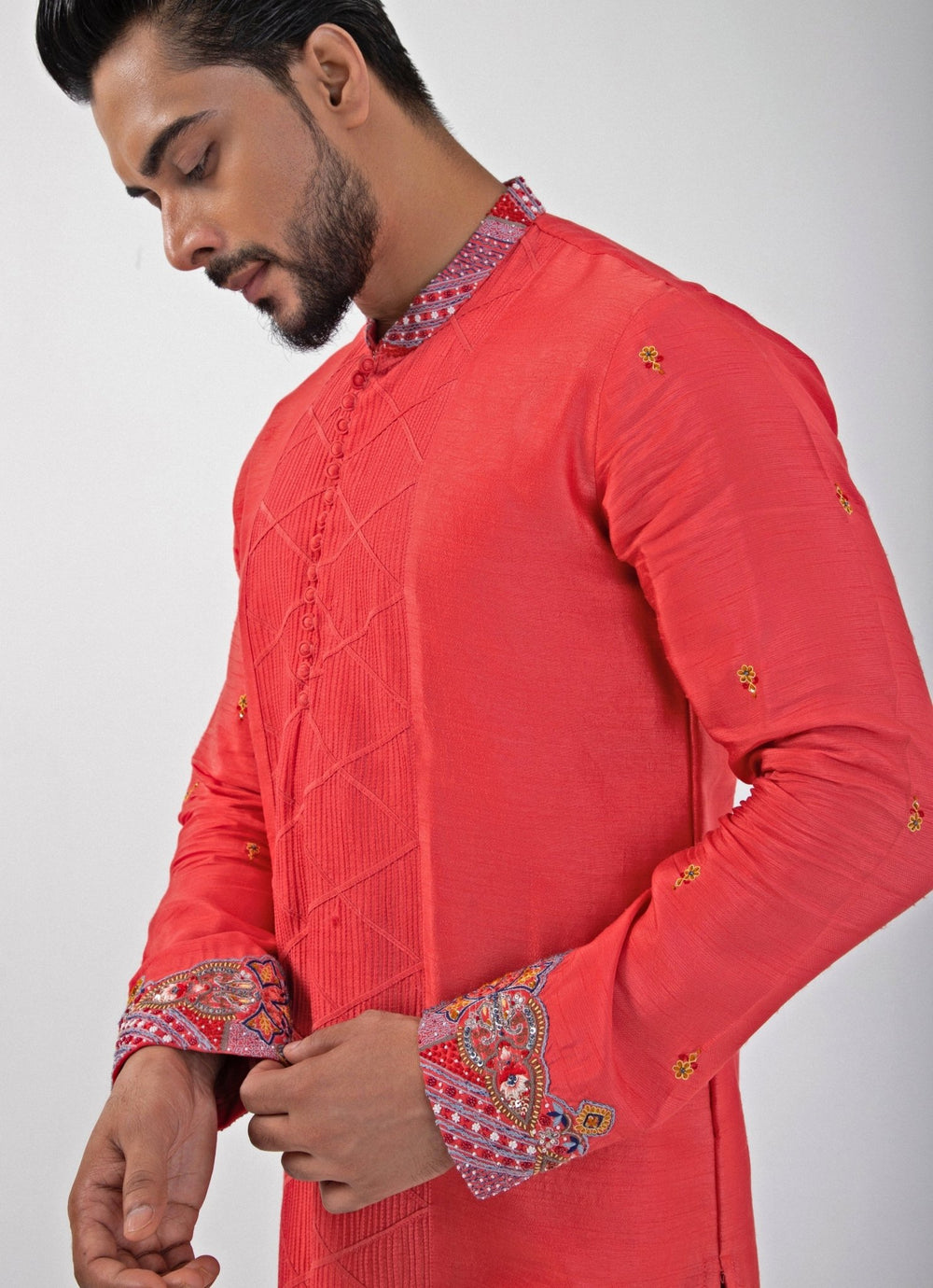 Coral Red Embroidered Nehru Jacket And Kurta Set Smriti - Fabilicious Fashion