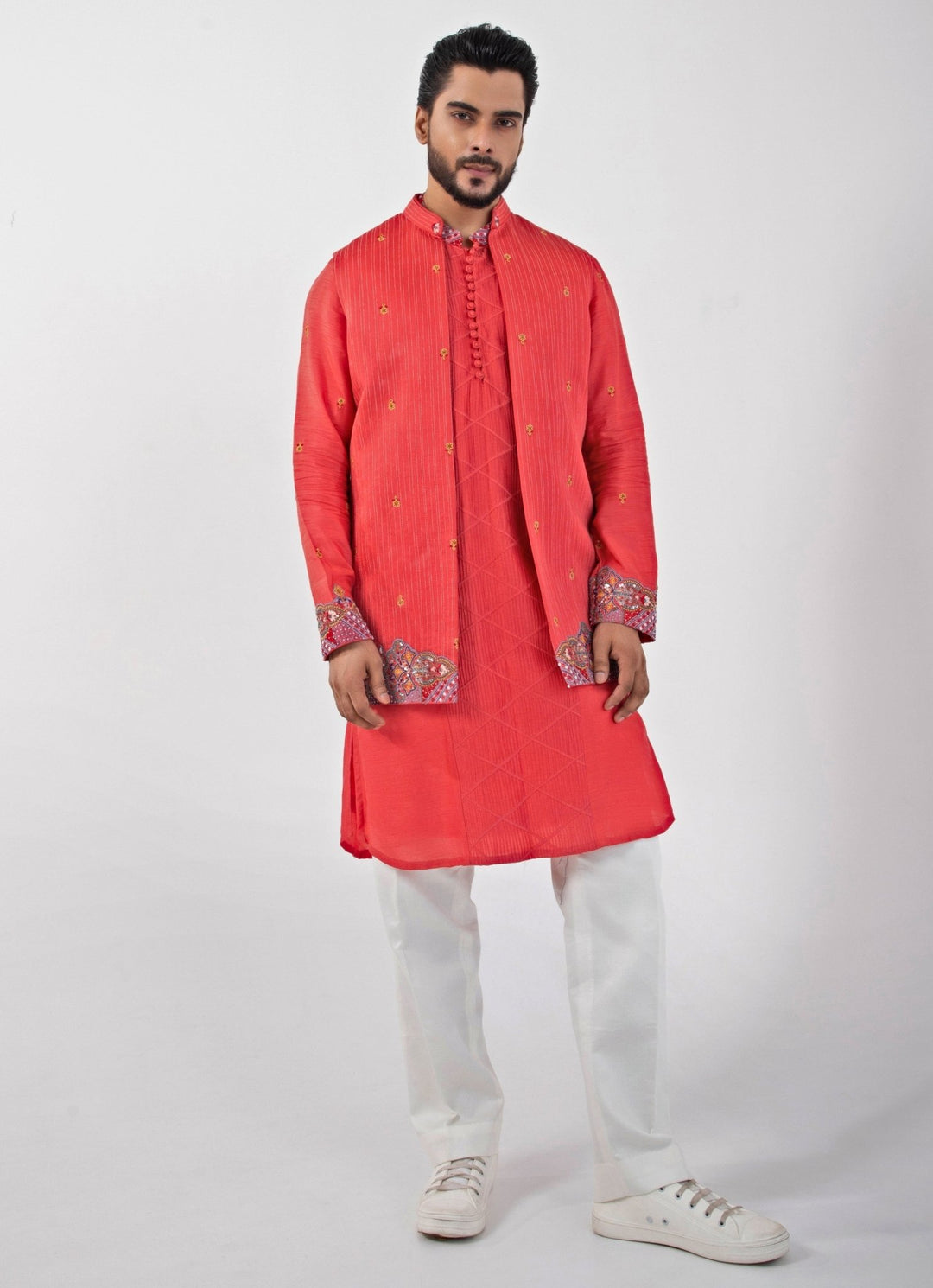 Coral Red Embroidered Nehru Jacket And Kurta Set Smriti - Fabilicious Fashion