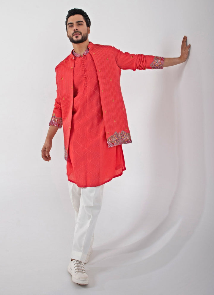 Coral Red Embroidered Nehru Jacket And Kurta Set Smriti - Fabilicious Fashion
