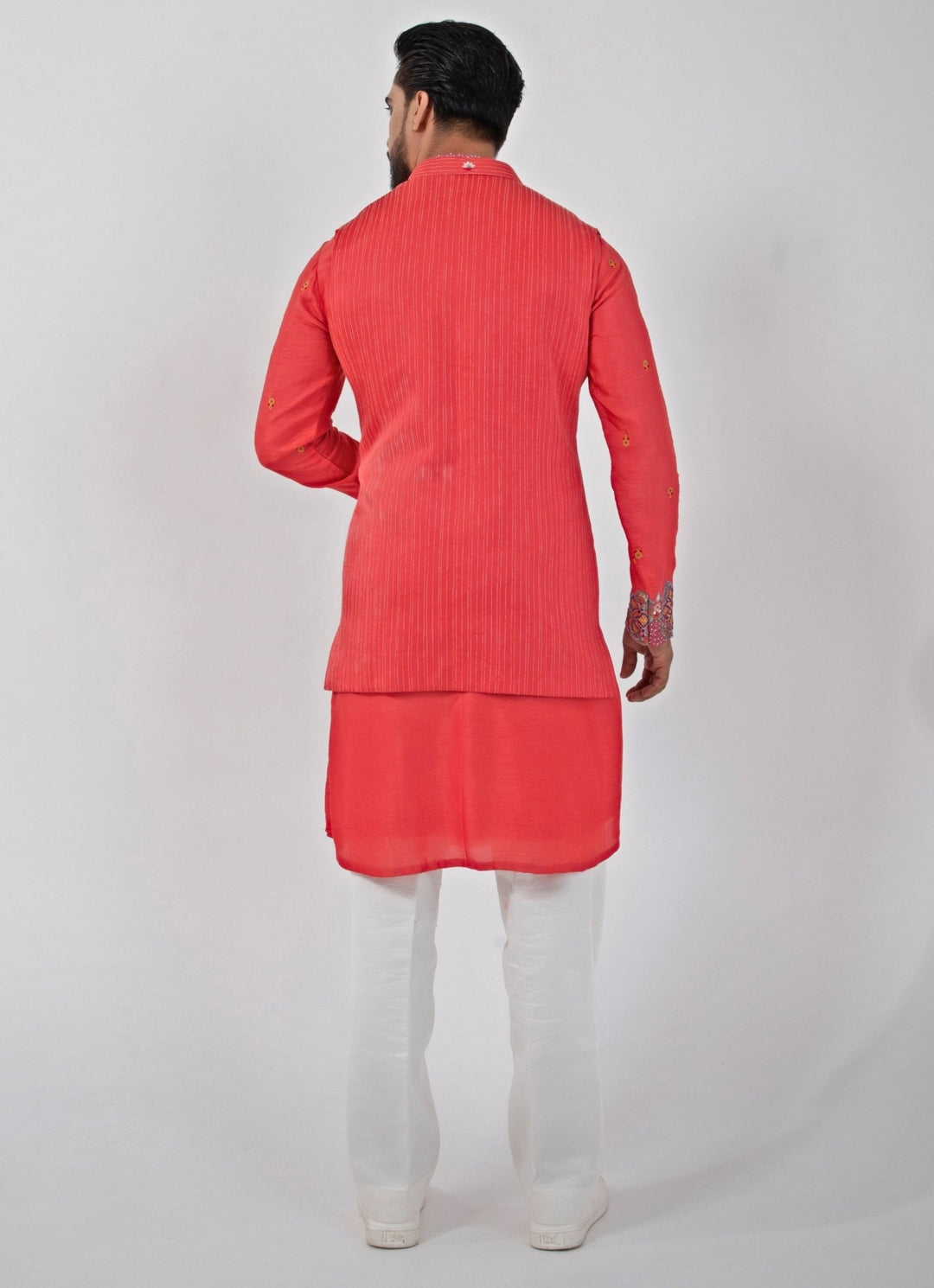 Coral Red Embroidered Nehru Jacket And Kurta Set Smriti - Fabilicious Fashion