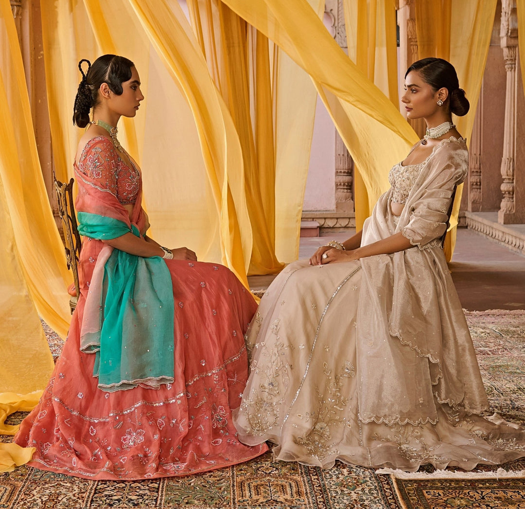 Coral Silk Organza Lehenga Set With Green Dupatta Zoon Tribe - Fabilicious Fashion