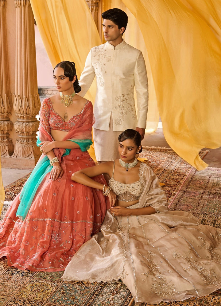 Coral Silk Organza Lehenga Set With Green Dupatta Zoon Tribe - Fabilicious Fashion