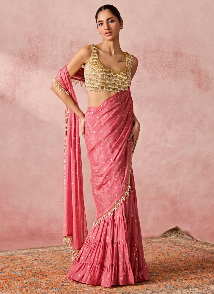 Chamee And Palak Coral Silk Pre-Draped Saree With Gold Tasseled BlouseFabilicious Fashion