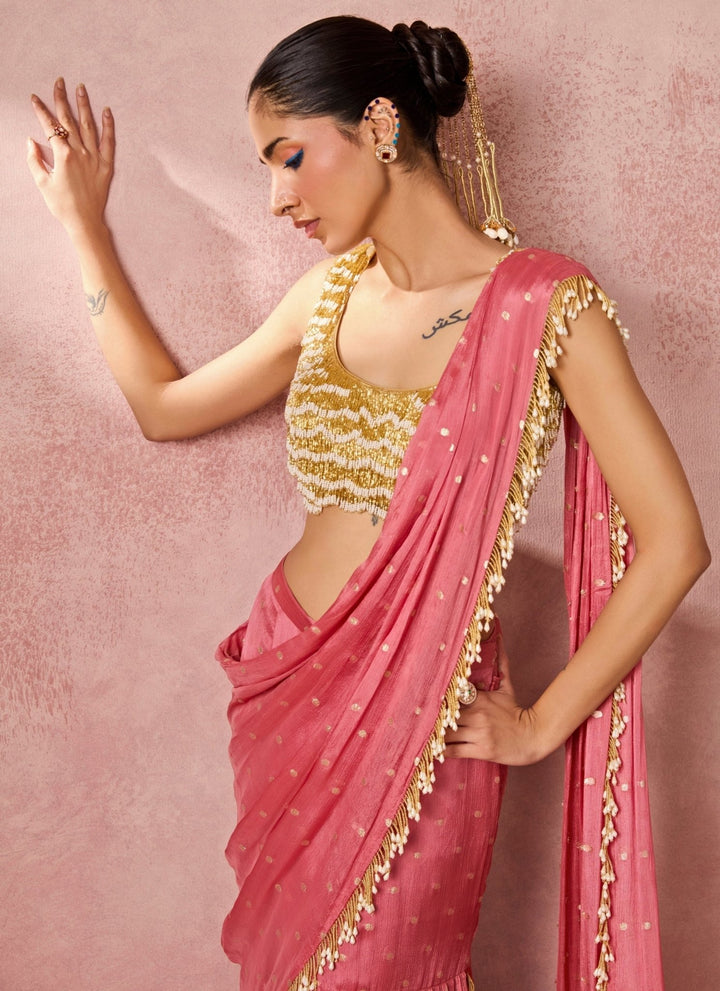 Chamee And Palak Coral Silk Pre-Draped Saree With Gold Tasseled BlouseFabilicious Fashion