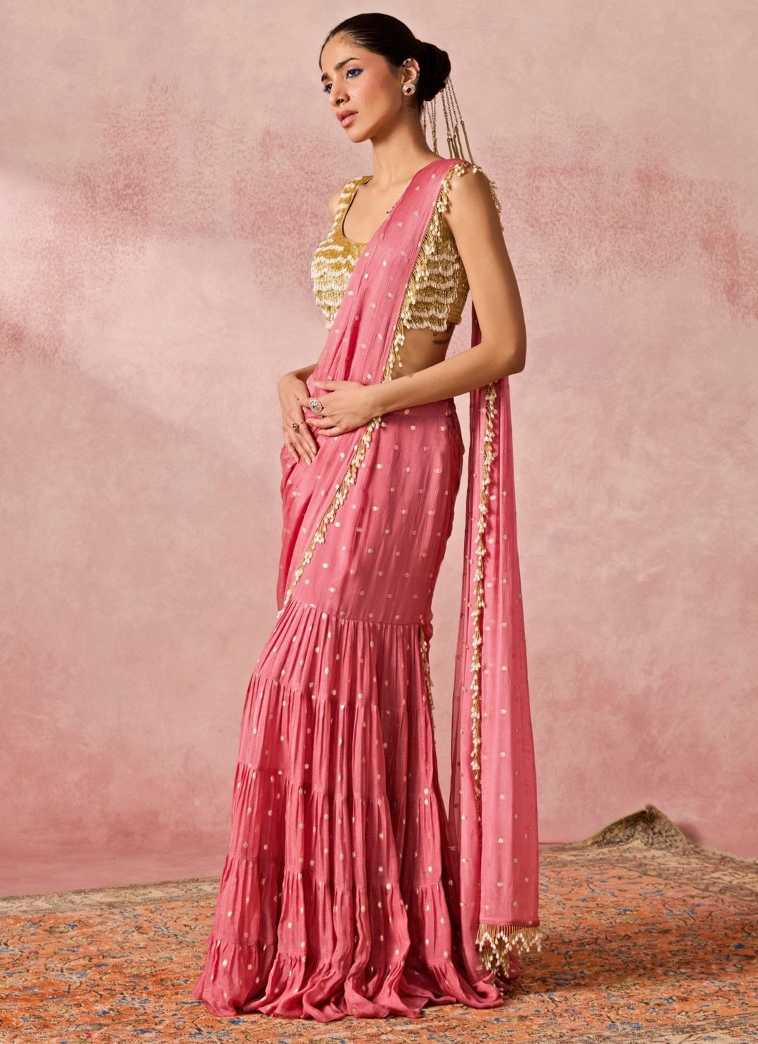 Chamee And Palak Coral Silk Pre-Draped Saree With Gold Tasseled BlouseFabilicious Fashion