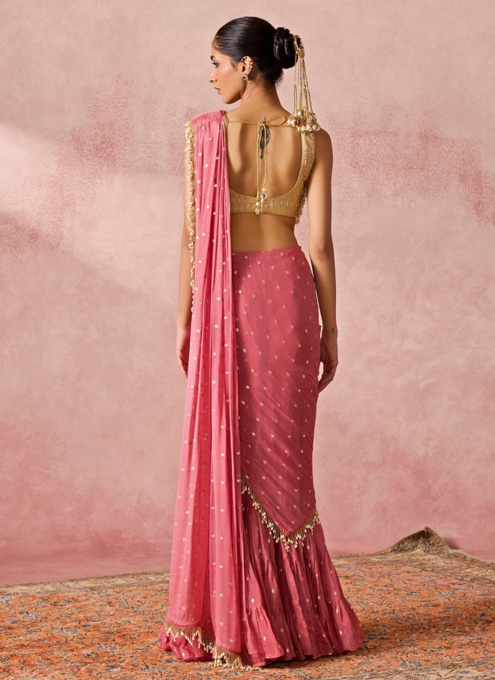 Chamee And Palak Coral Silk Pre-Draped Saree With Gold Tasseled BlouseFabilicious Fashion