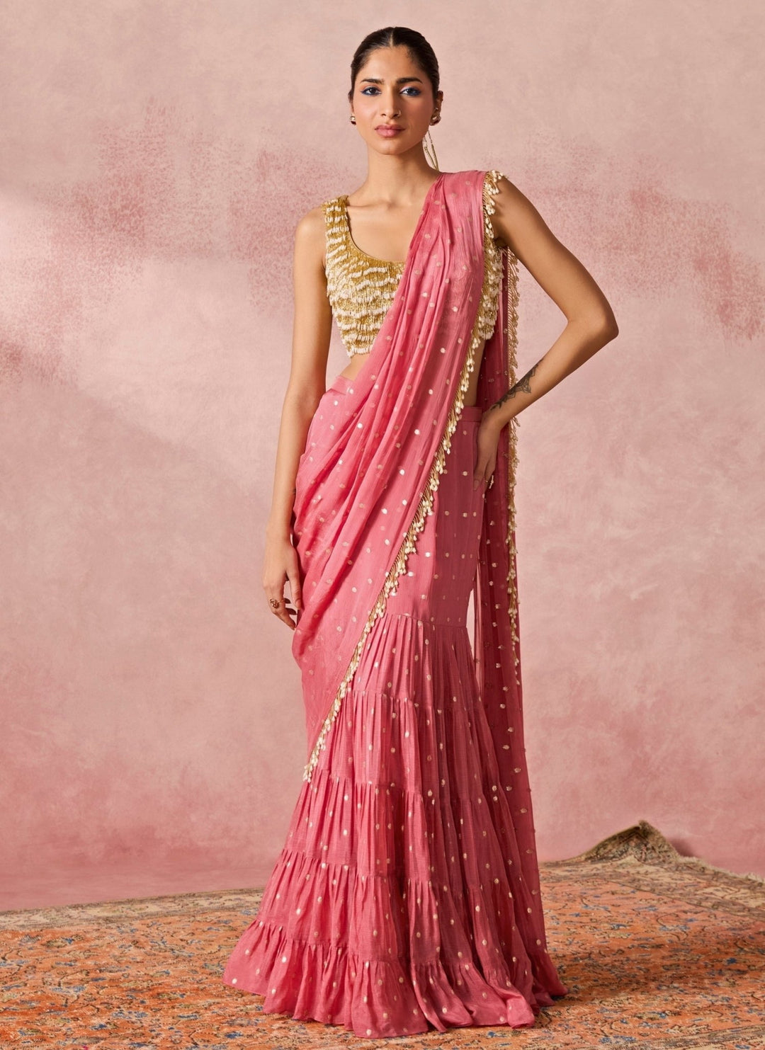 Chamee And Palak Coral Silk Pre-Draped Saree With Gold Tasseled BlouseFabilicious Fashion