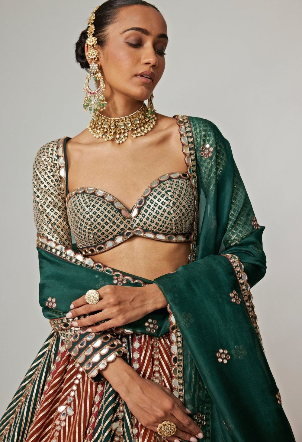 Cranberry Red And Green Embroidered Bridal Lehenga Set Vvani by Vani Vats - Fabilicious Fashion