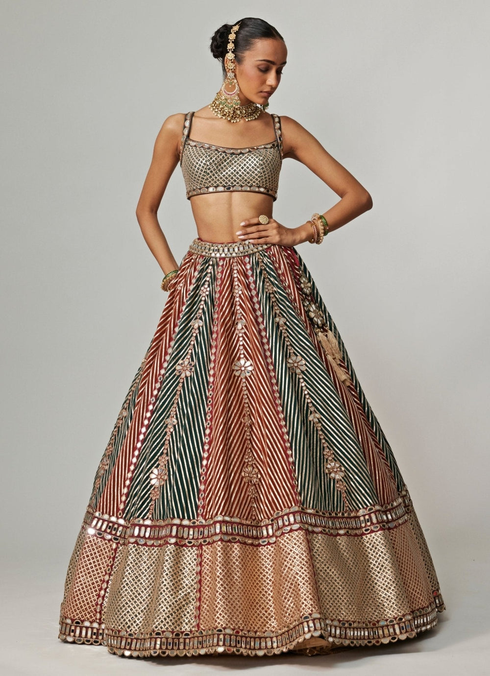Cranberry Red And Green Embroidered Bridal Lehenga Set Vvani by Vani Vats - Fabilicious Fashion