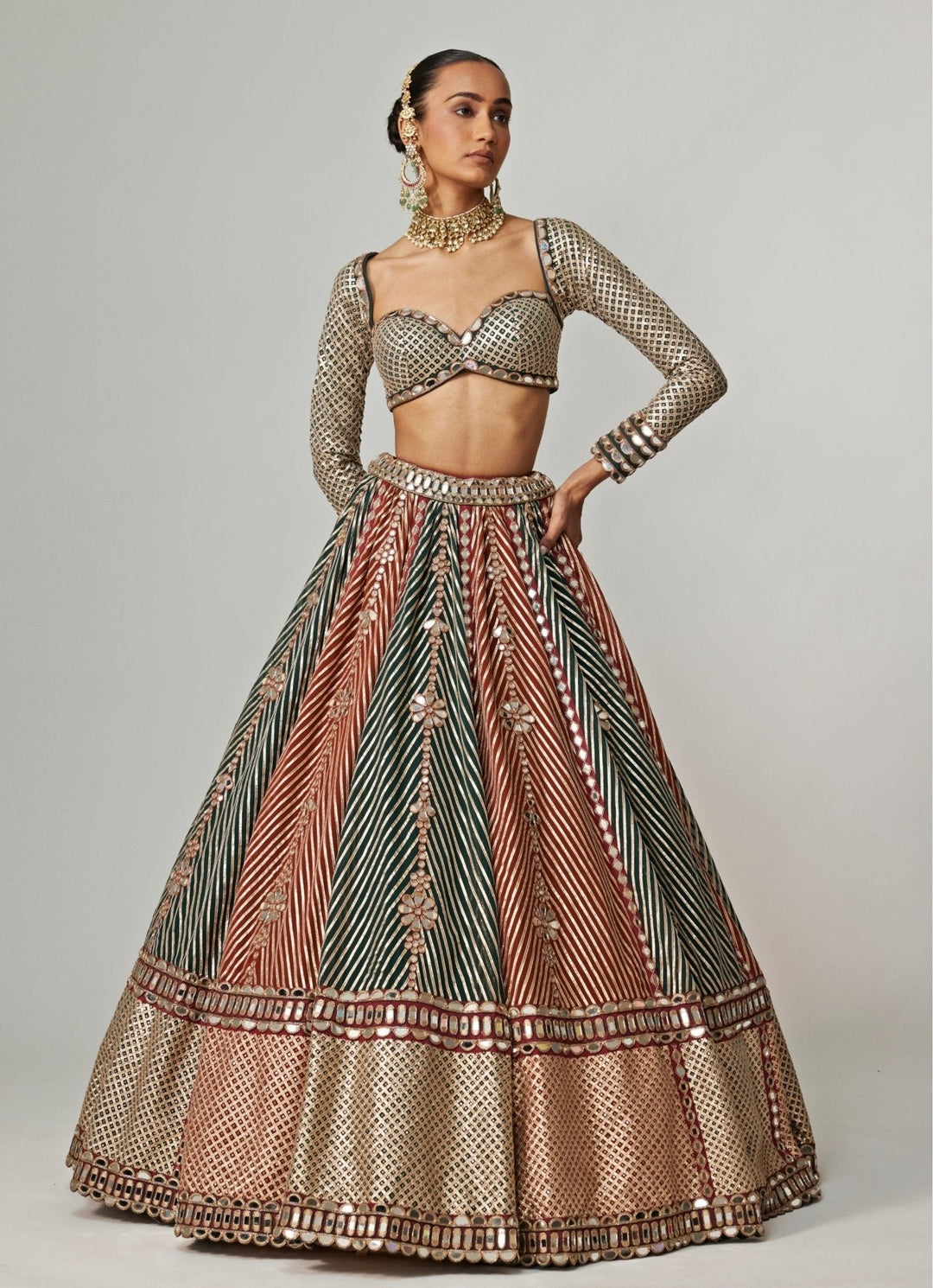 Cranberry Red And Green Embroidered Bridal Lehenga Set Vvani by Vani Vats - Fabilicious Fashion