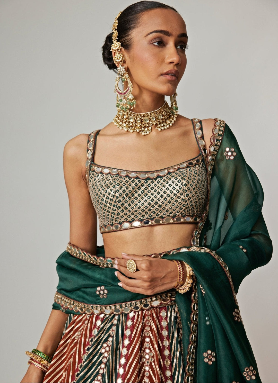 Cranberry Red And Green Embroidered Bridal Lehenga Set Vvani by Vani Vats - Fabilicious Fashion