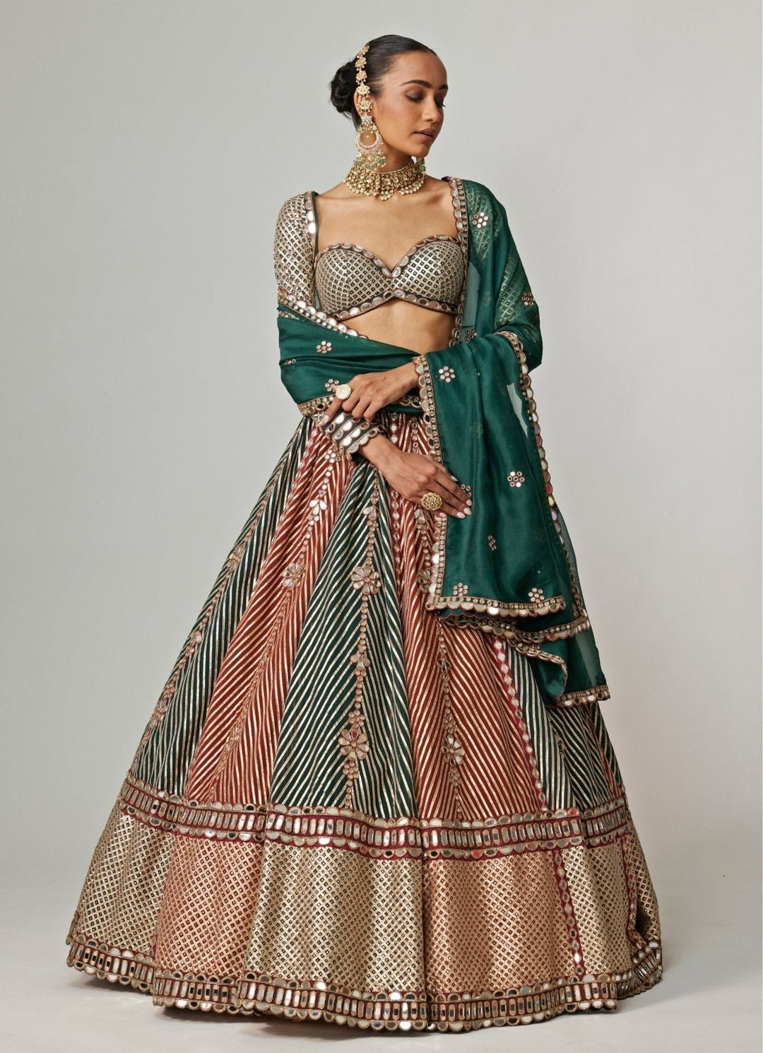 Cranberry Red And Green Embroidered Bridal Lehenga Set Vvani by Vani Vats - Fabilicious Fashion