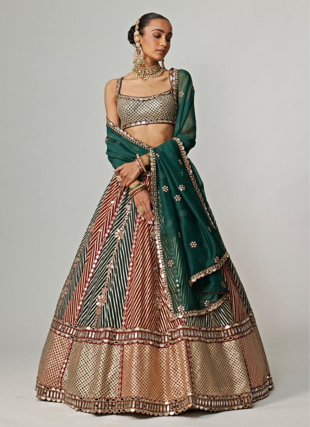 Cranberry Red And Green Embroidered Bridal Lehenga Set Vvani by Vani Vats - Fabilicious Fashion