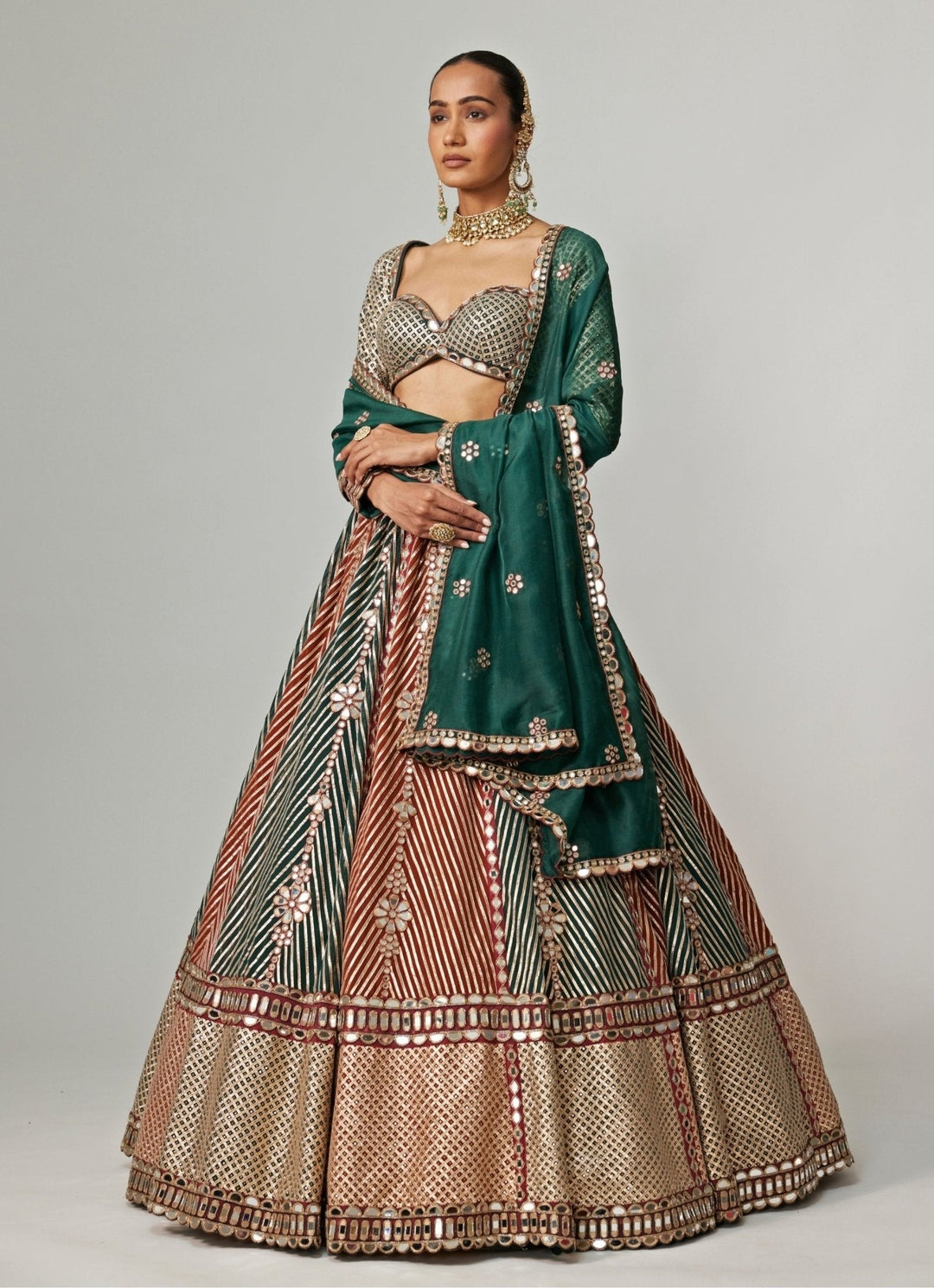 Cranberry Red And Green Embroidered Bridal Lehenga Set Vvani by Vani Vats - Fabilicious Fashion