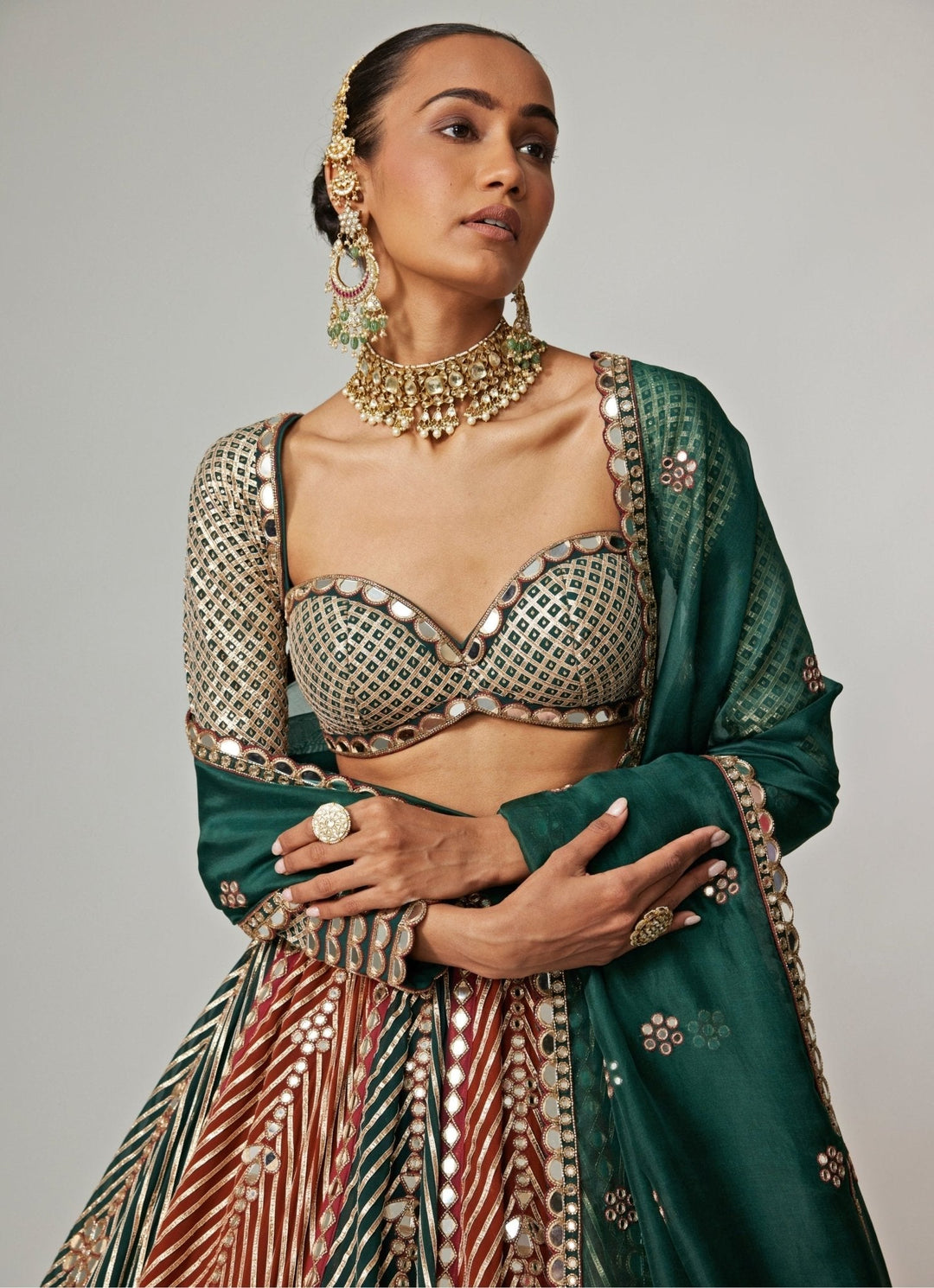 Cranberry Red And Green Embroidered Bridal Lehenga Set Vvani by Vani Vats - Fabilicious Fashion