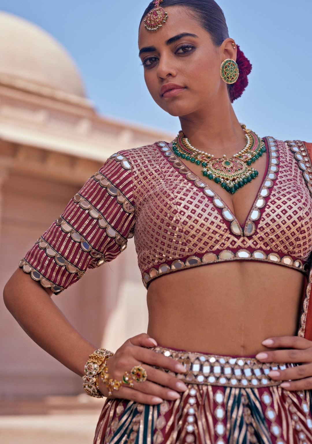 Cranberry Red Embroidered Bridal Lehenga With Double Dupatta Vvani by Vani Vats - Fabilicious Fashion