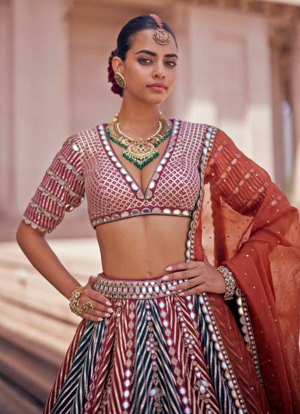 Cranberry Red Embroidered Bridal Lehenga With Double Dupatta Vvani by Vani Vats - Fabilicious Fashion
