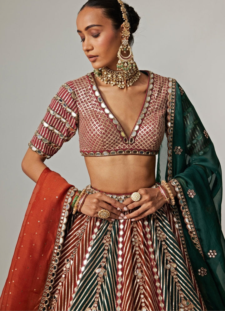 Cranberry Red Embroidered Bridal Lehenga With Double Dupatta Vvani by Vani Vats - Fabilicious Fashion