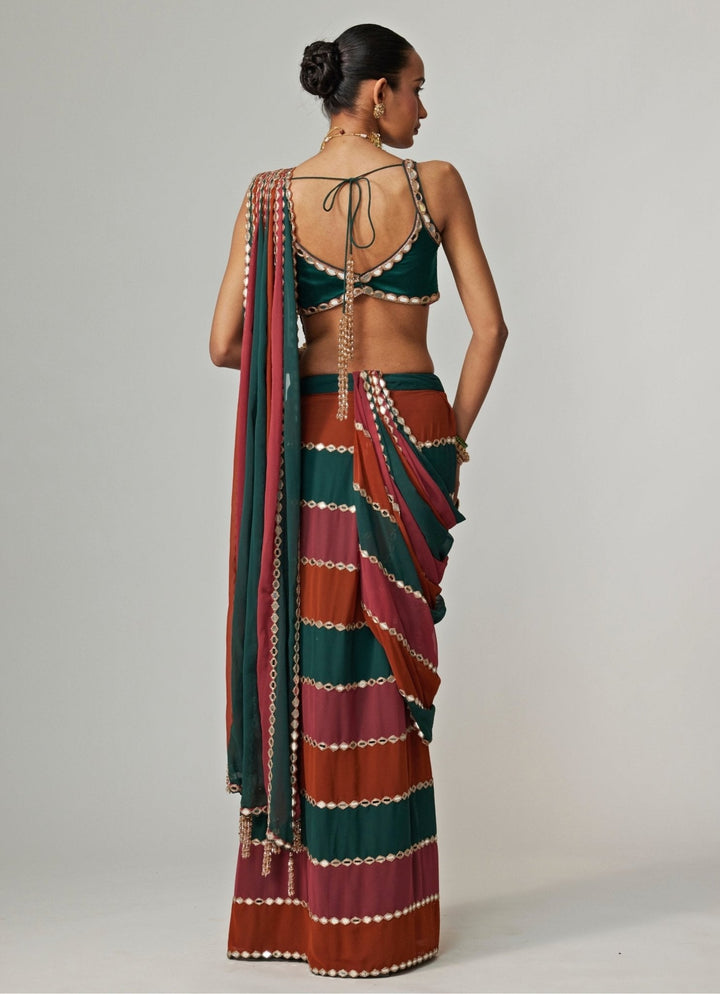Cranberry Red Embroidered Georgette Predraped Saree Set Vvani by Vani Vats - Fabilicious Fashion