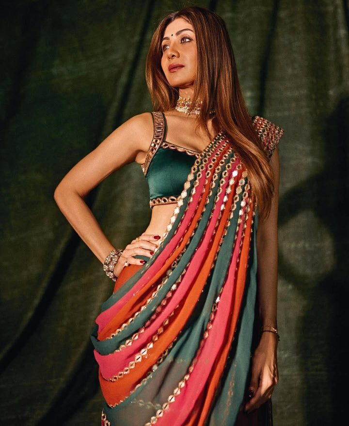 Cranberry Red Embroidered Georgette Predraped Saree Set Vvani by Vani Vats - Fabilicious Fashion