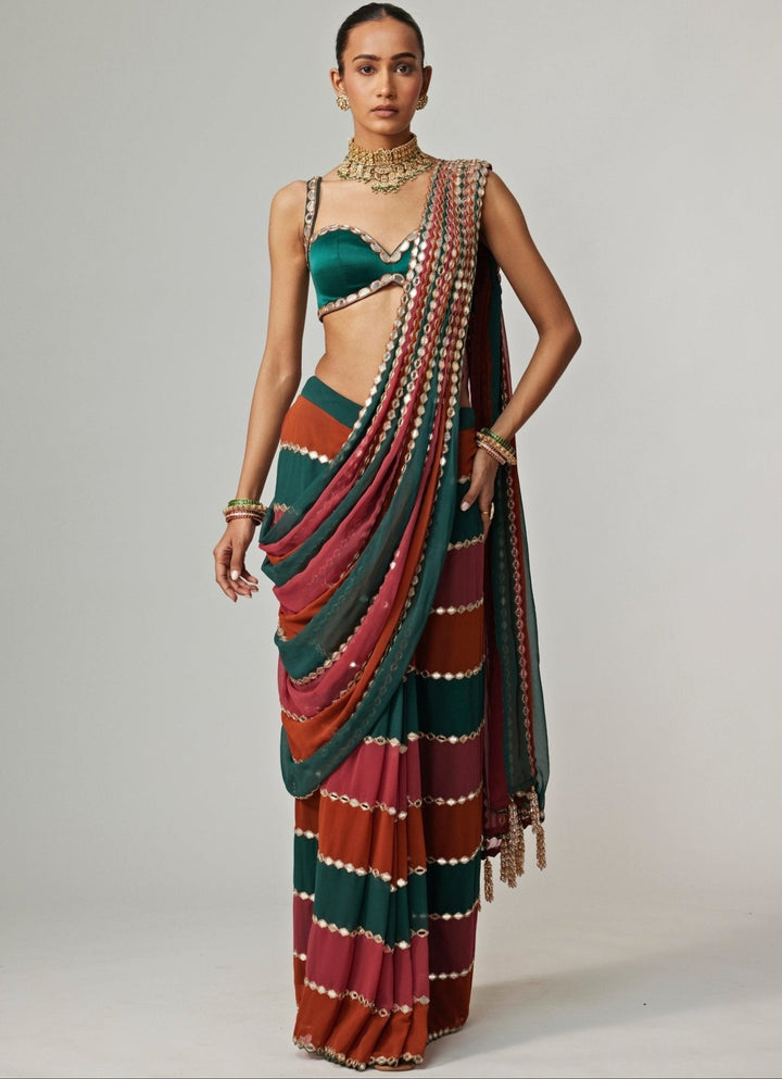 Cranberry Red Embroidered Georgette Predraped Saree Set Vvani by Vani Vats - Fabilicious Fashion