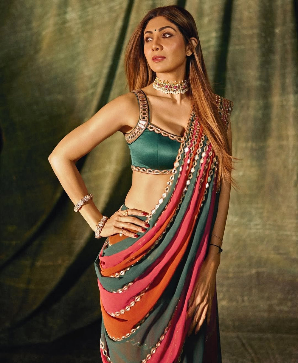 Cranberry Red Embroidered Georgette Predraped Saree Set Vvani by Vani Vats - Fabilicious Fashion