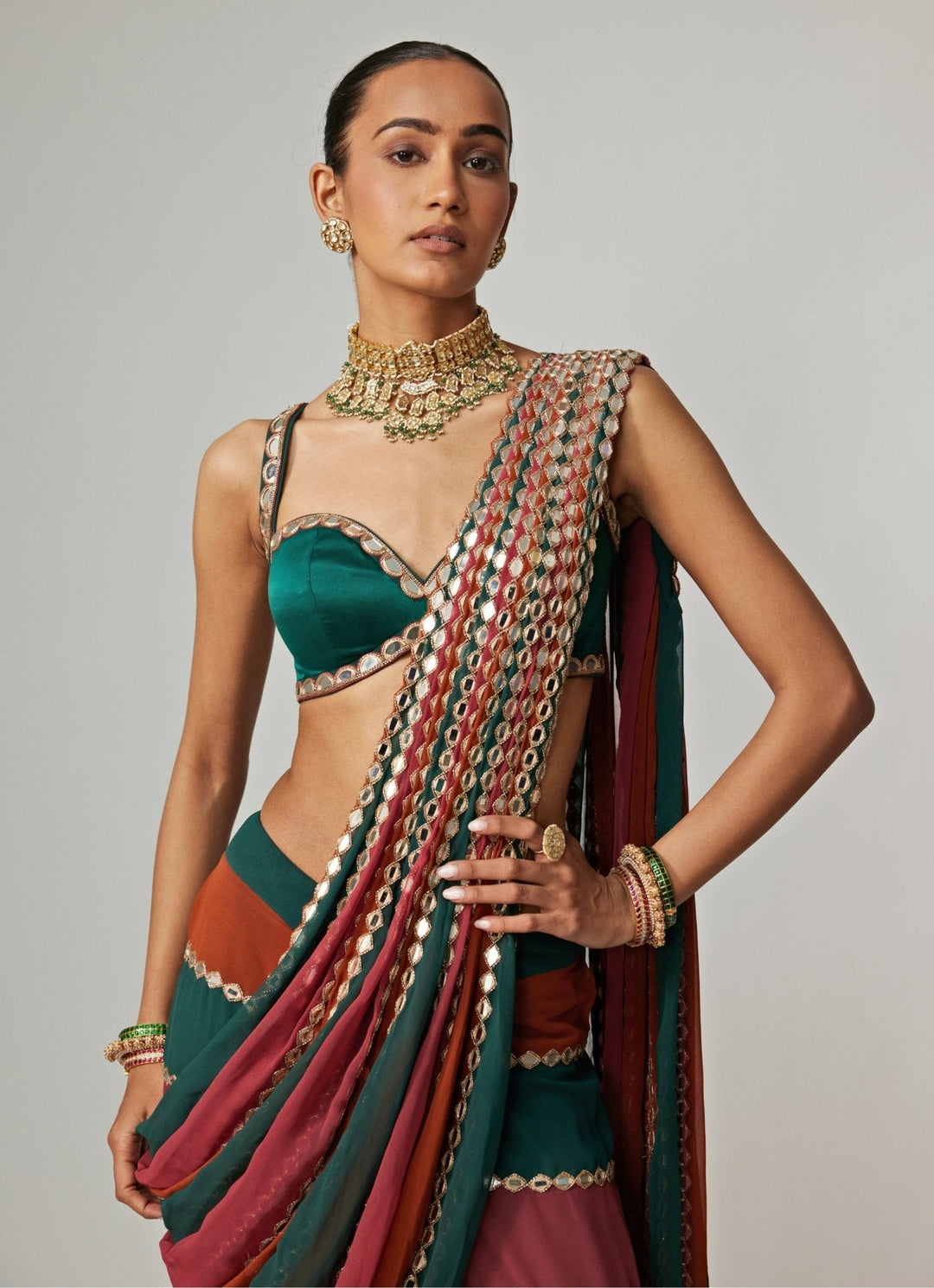Cranberry Red Embroidered Georgette Predraped Saree Set Vvani by Vani Vats - Fabilicious Fashion