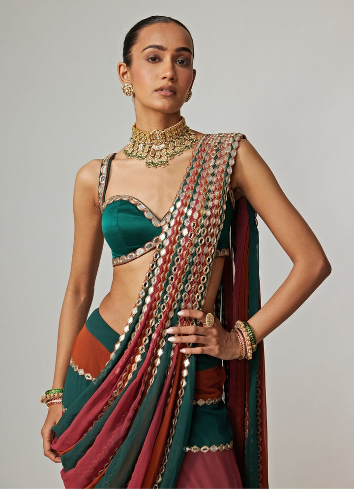 Cranberry Red Embroidered Georgette Predraped Saree Set Vvani by Vani Vats - Fabilicious Fashion