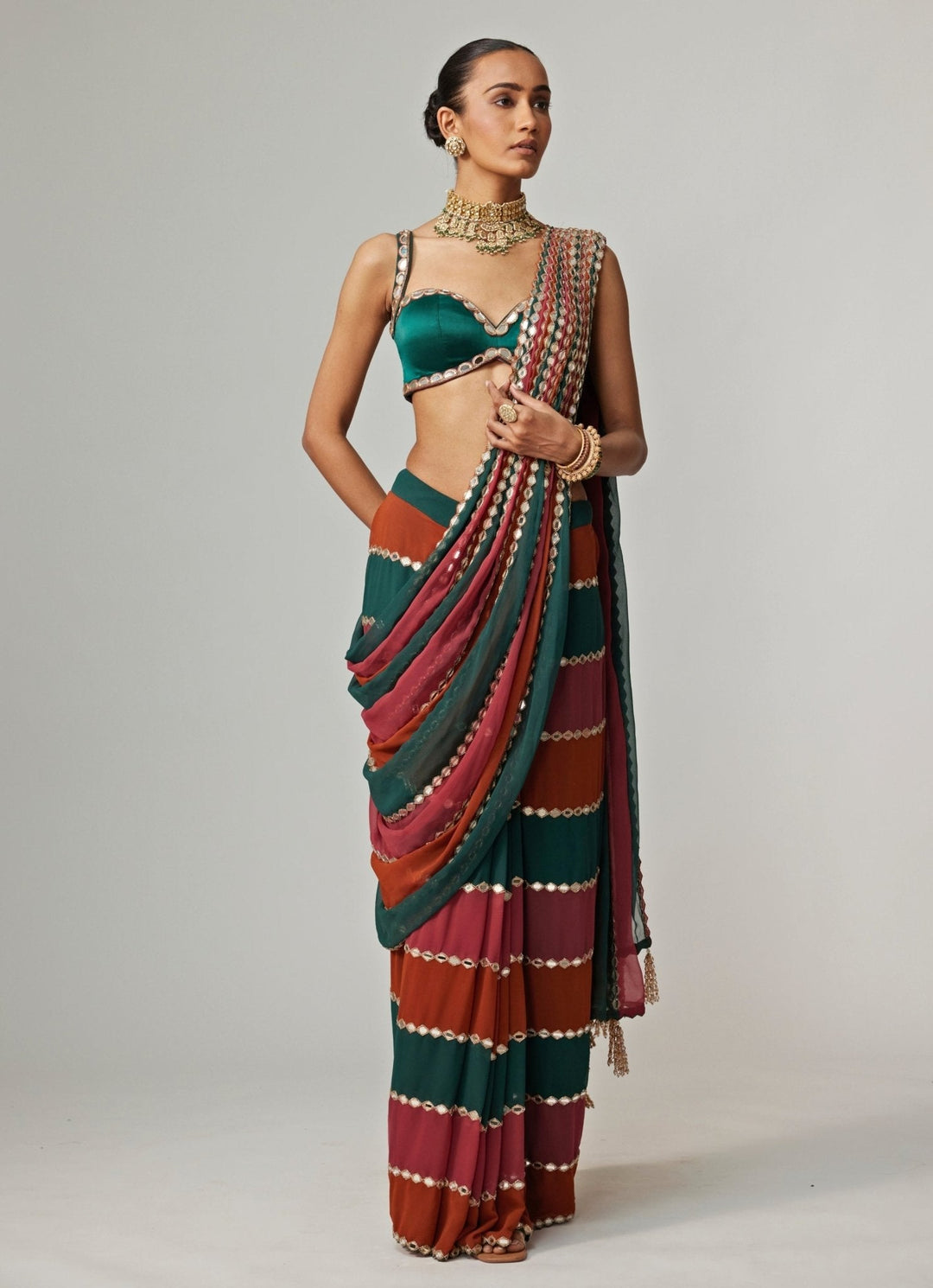 Cranberry Red Embroidered Georgette Predraped Saree Set Vvani by Vani Vats - Fabilicious Fashion