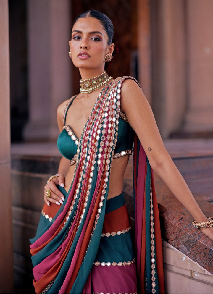 Cranberry Red Embroidered Georgette Predraped Saree Set Vvani by Vani Vats - Fabilicious Fashion