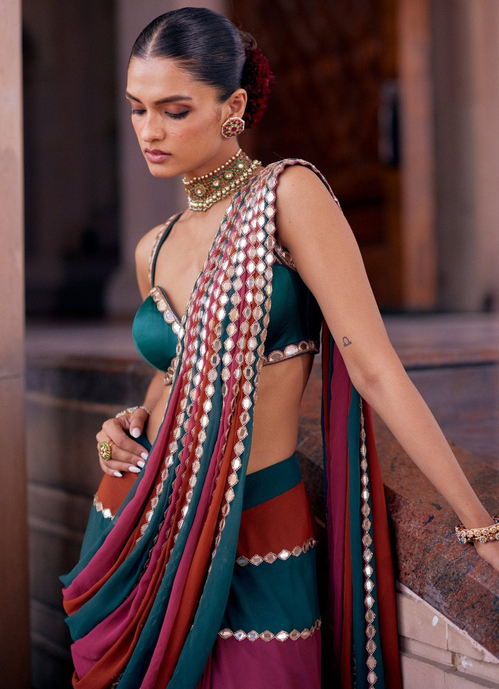 Cranberry Red Embroidered Georgette Predraped Saree Set Vvani by Vani Vats - Fabilicious Fashion