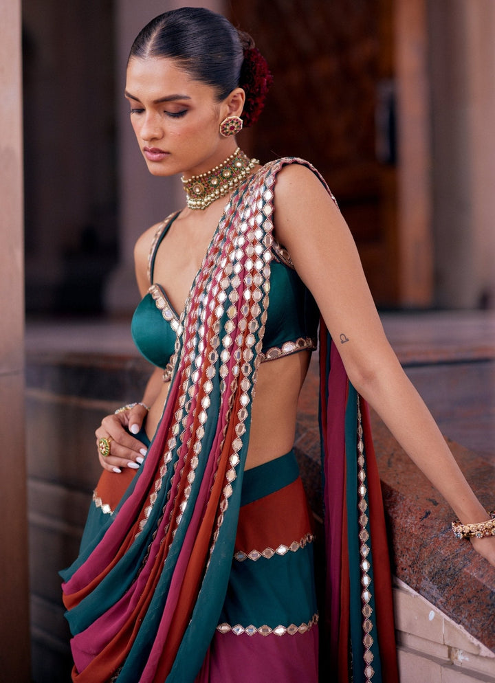 Cranberry Red Embroidered Georgette Predraped Saree Set Vvani by Vani Vats - Fabilicious Fashion