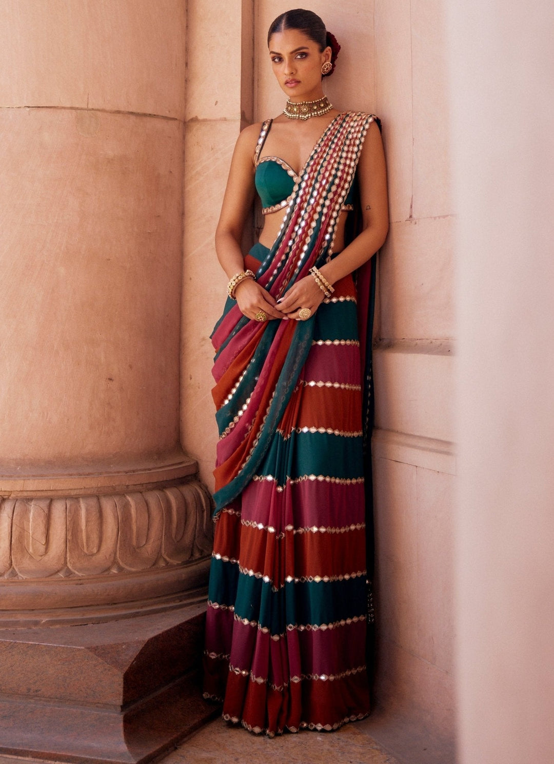 Cranberry Red Embroidered Georgette Predraped Saree Set Vvani by Vani Vats - Fabilicious Fashion